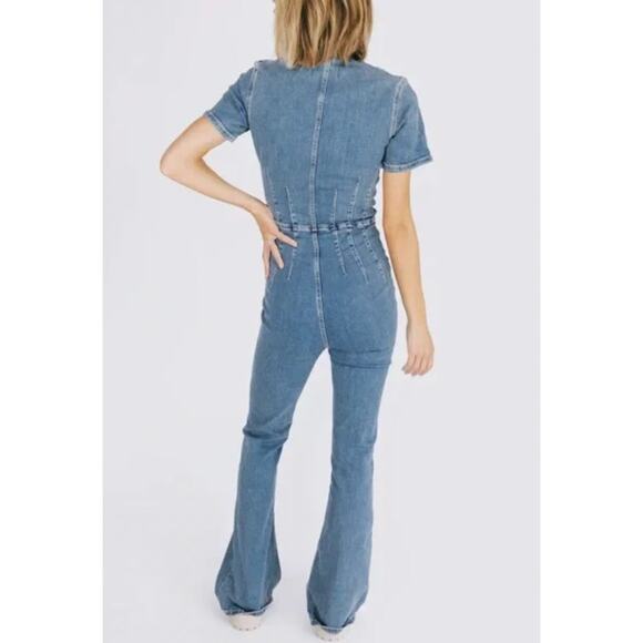 Free People We the Free Jayde Denim Flare Long Zip Up Jumpsuit Small - Picture 9 of 9